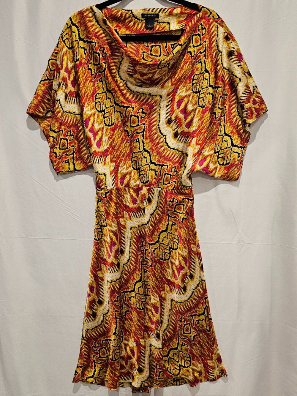 Natori Ous 100% Silk Midi Dress Women's S Multicolor Flame Print Designer